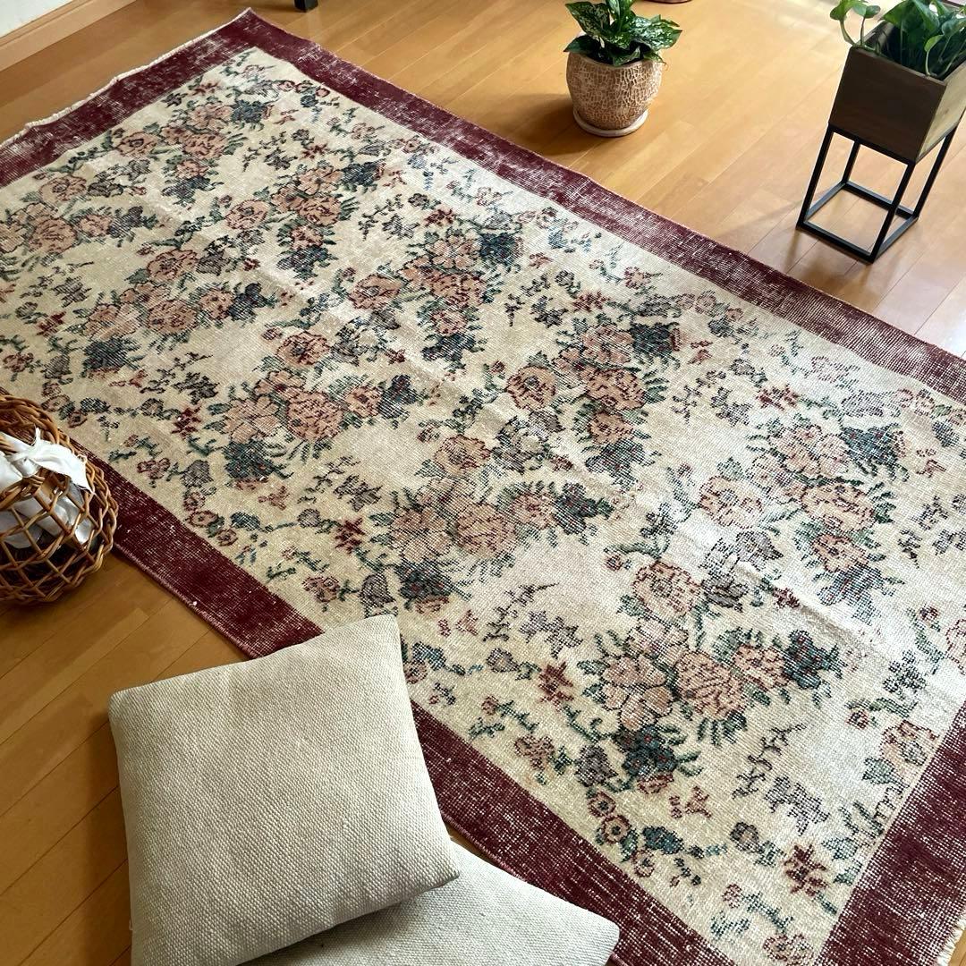 104×200 キナリ×ボルドー　薔薇の街　トルコヴィンテージラグ