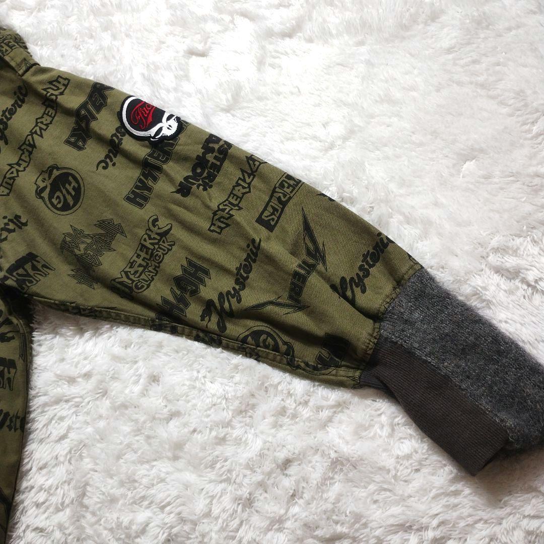 【美品】ヒステリックグラマー　総柄モッズコート　袖リブ　スカルワッペン　カーキ系