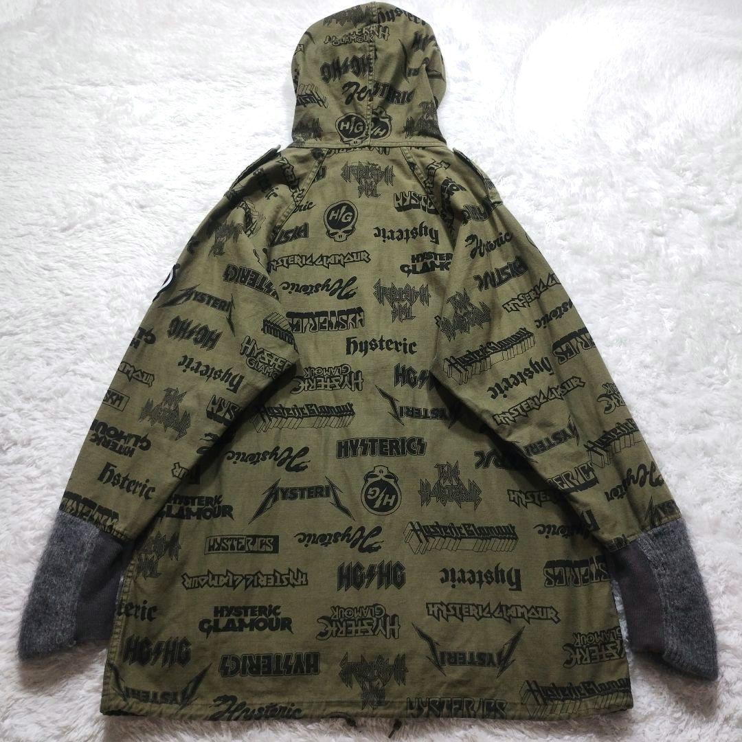 【美品】ヒステリックグラマー　総柄モッズコート　袖リブ　スカルワッペン　カーキ系
