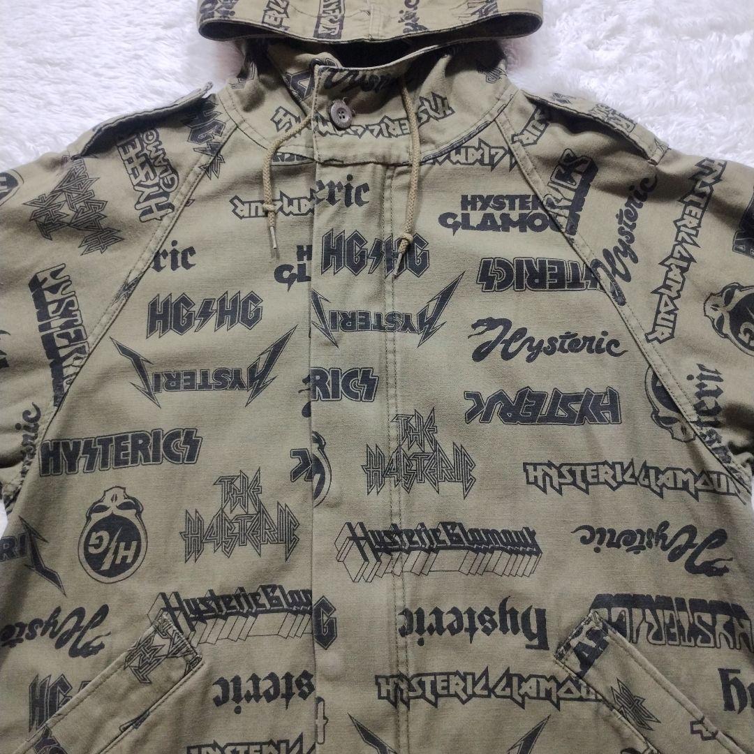 【美品】ヒステリックグラマー　総柄モッズコート　袖リブ　スカルワッペン　カーキ系