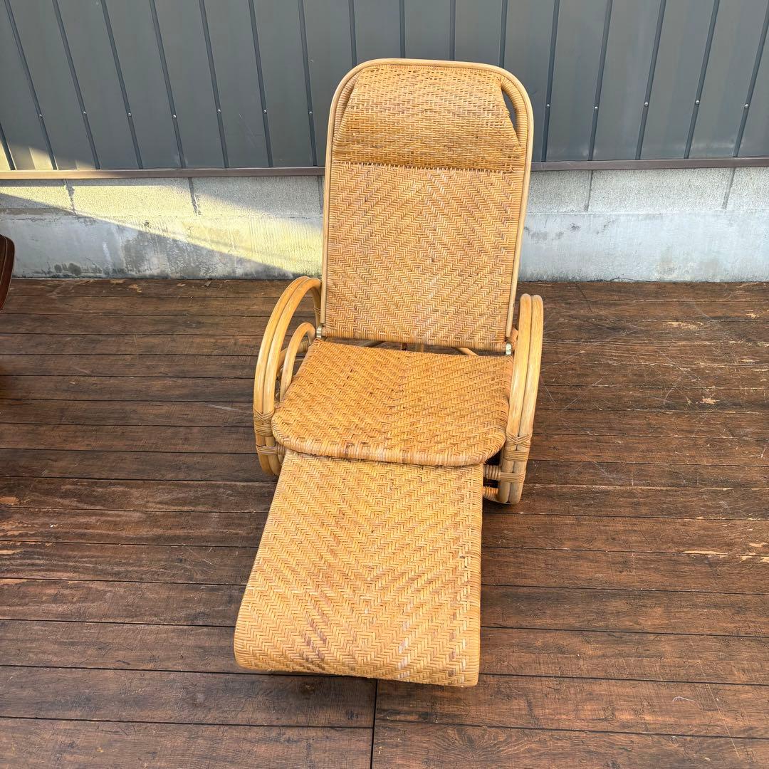 ②昭和レトロ ラタンリクライニングチェア オットマン付き 籐家具 1人掛けソファ