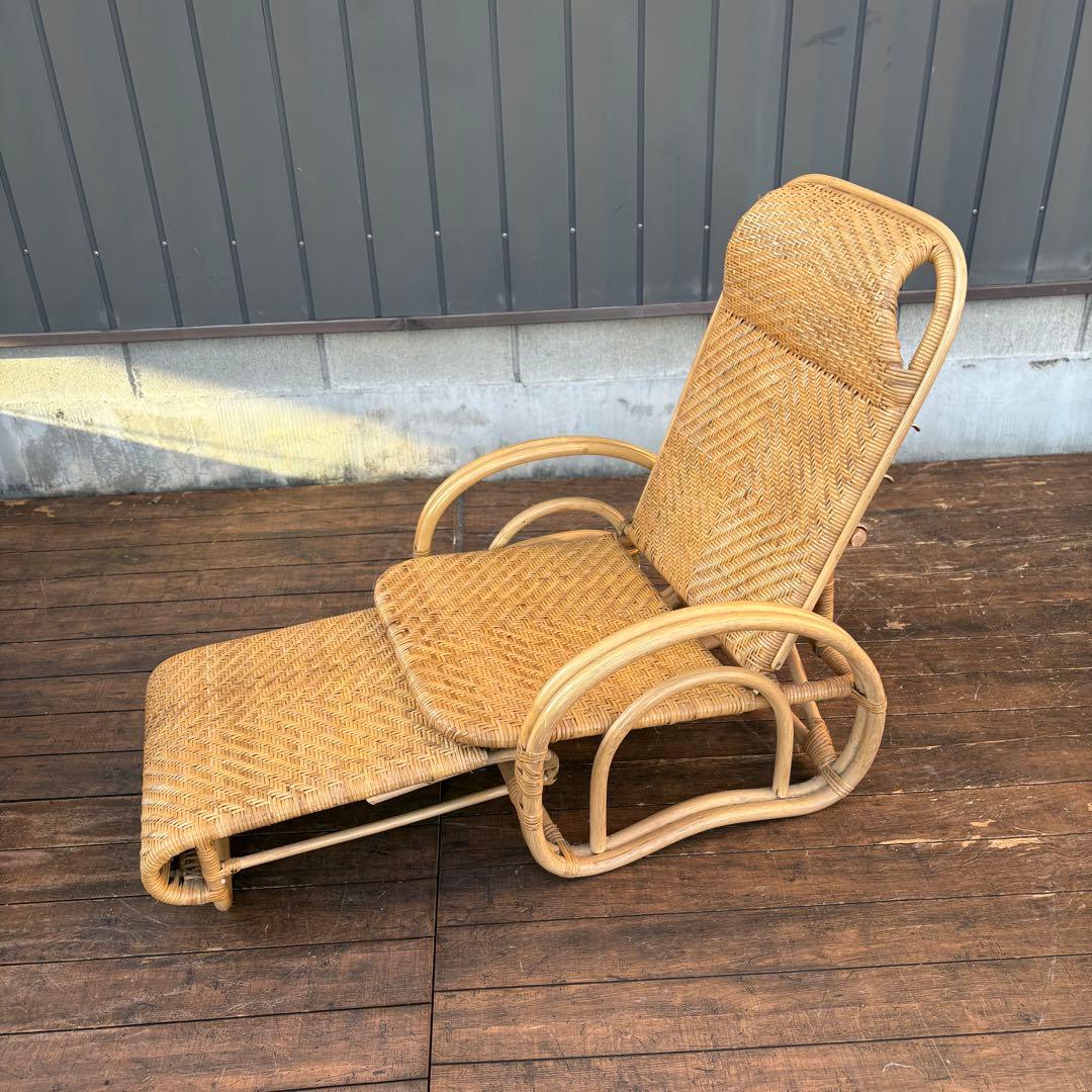 ②昭和レトロ ラタンリクライニングチェア オットマン付き 籐家具 1人掛けソファ