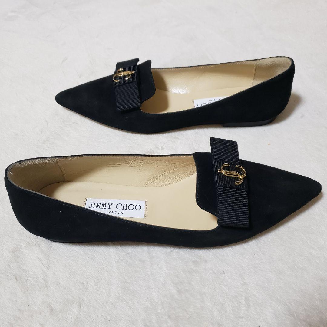 JIMMY CHOO フラットシューズ　ジミーチュウ　37 ロゴ　スエード　黒