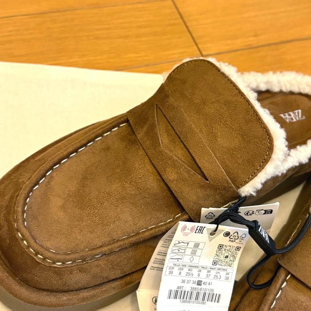 【ZARA】ザラ 39 プラットフォームミュールローファー ムートン ボア