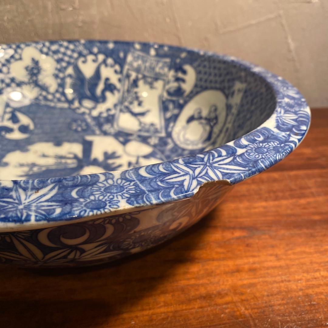 時代物 骨董品 印判大鉢 30cm 図変わり 鯉 うさぎ 蛇目高台 コレクション