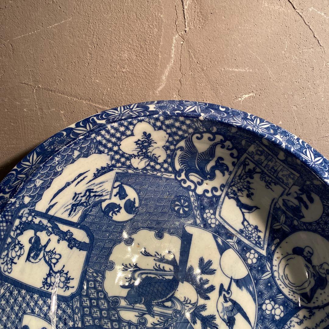 時代物 骨董品 印判大鉢 30cm 図変わり 鯉 うさぎ 蛇目高台 コレクション