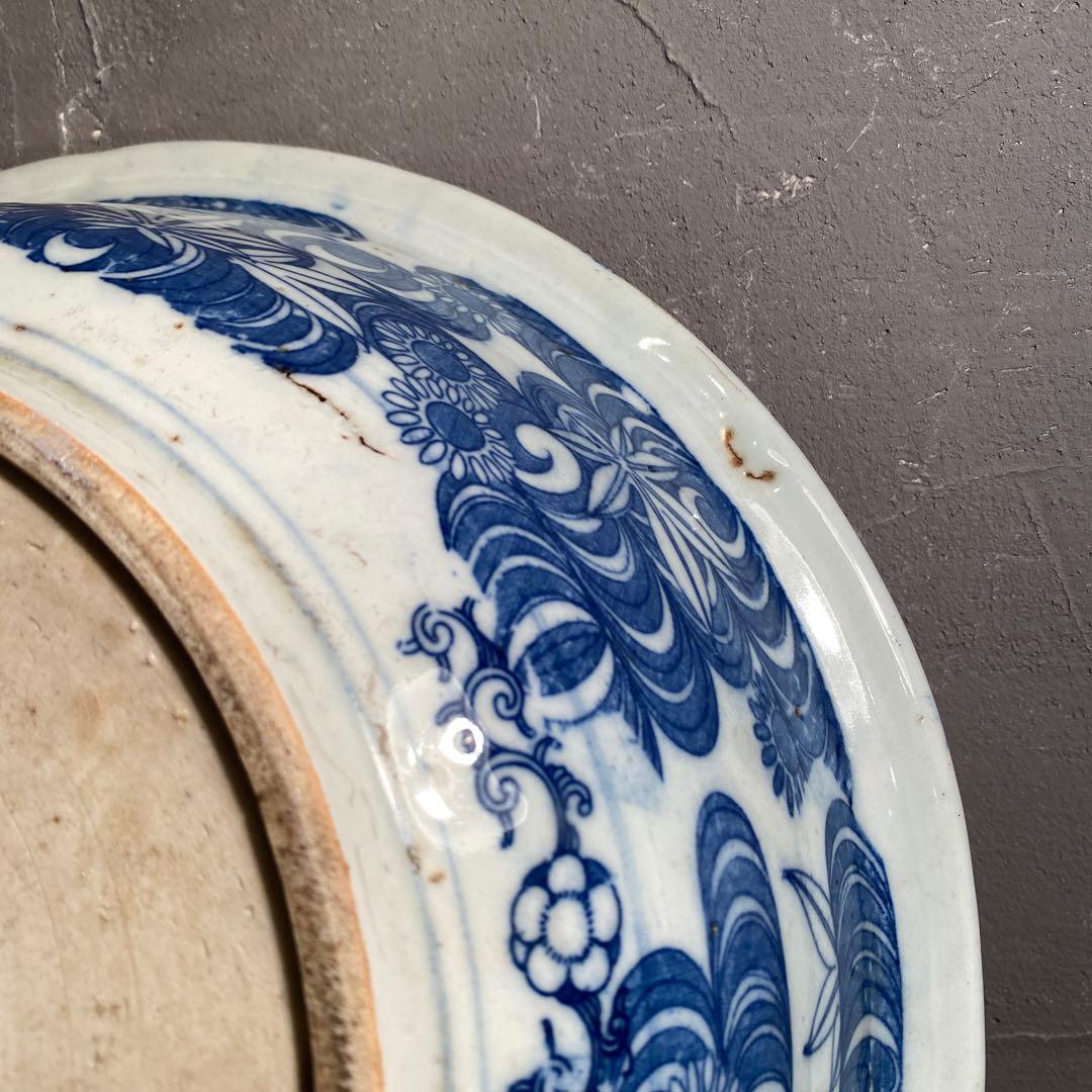 時代物 骨董品 印判大鉢 30cm 図変わり 鯉 うさぎ 蛇目高台 コレクション