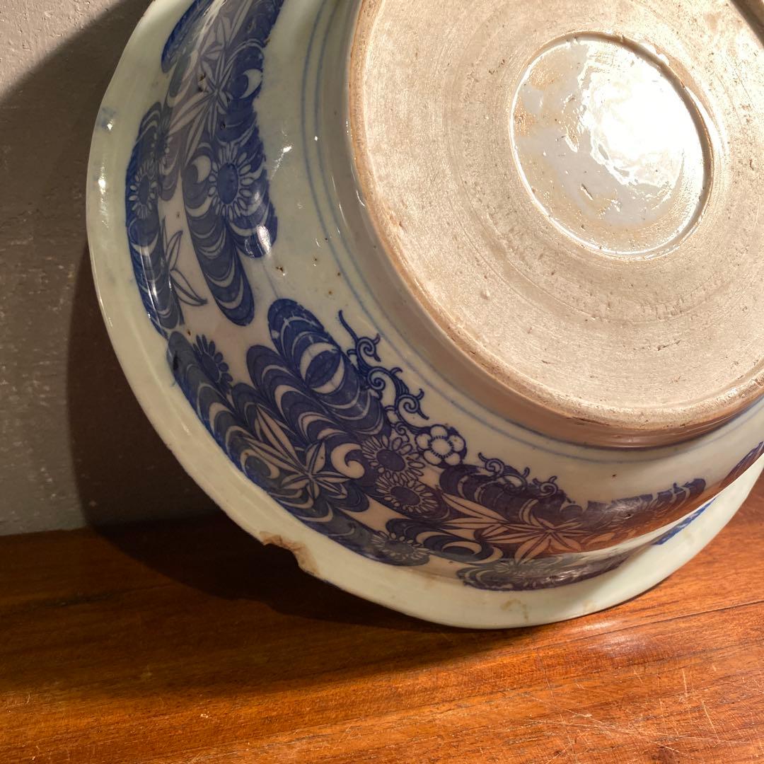 時代物 骨董品 印判大鉢 30cm 図変わり 鯉 うさぎ 蛇目高台 コレクション