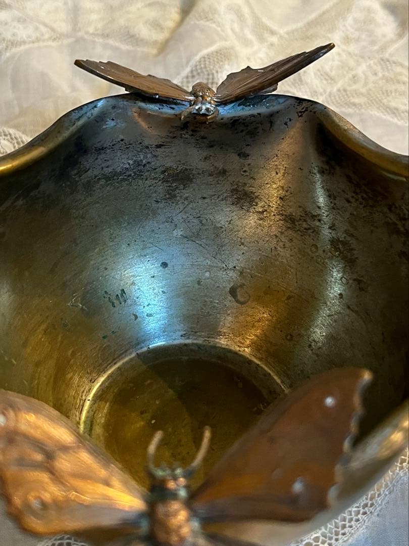 ◆フランスアンティーク｜希少な蝶の小物入れブロンズ深めボウル型彫刻シルバートレイ