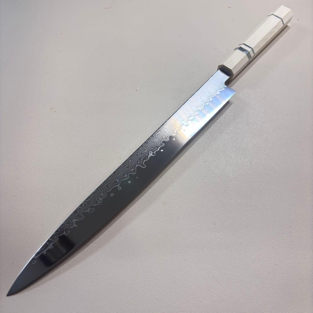 尺300mm 柳刃包丁 墨流しダマスカス　人工象牙八角柄 和包丁 白'-