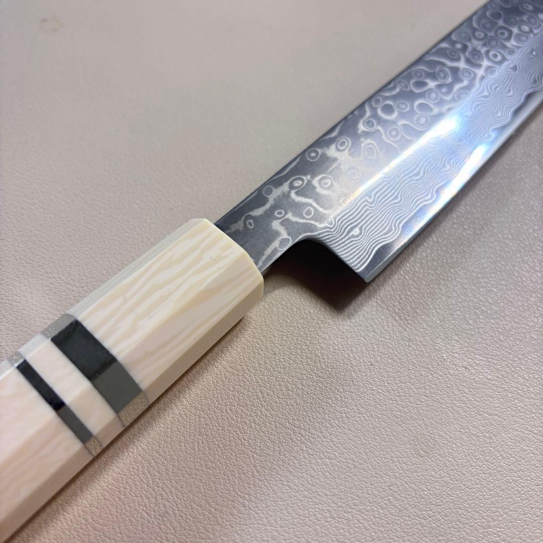 尺300mm 柳刃包丁 墨流しダマスカス　人工象牙八角柄 和包丁 白'-