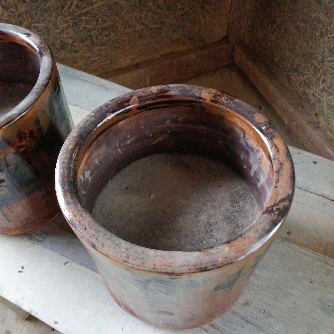 瀬戸焼　加藤作助　古瀬戸釉火鉢一対　21cm　大正～昭和中期