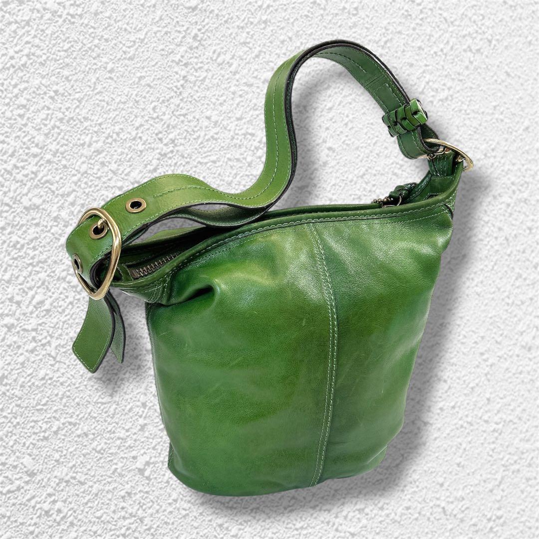 【希少色】コーチ　2wayバケツ型　オールレザー　ショルダーバッグ　グリーン