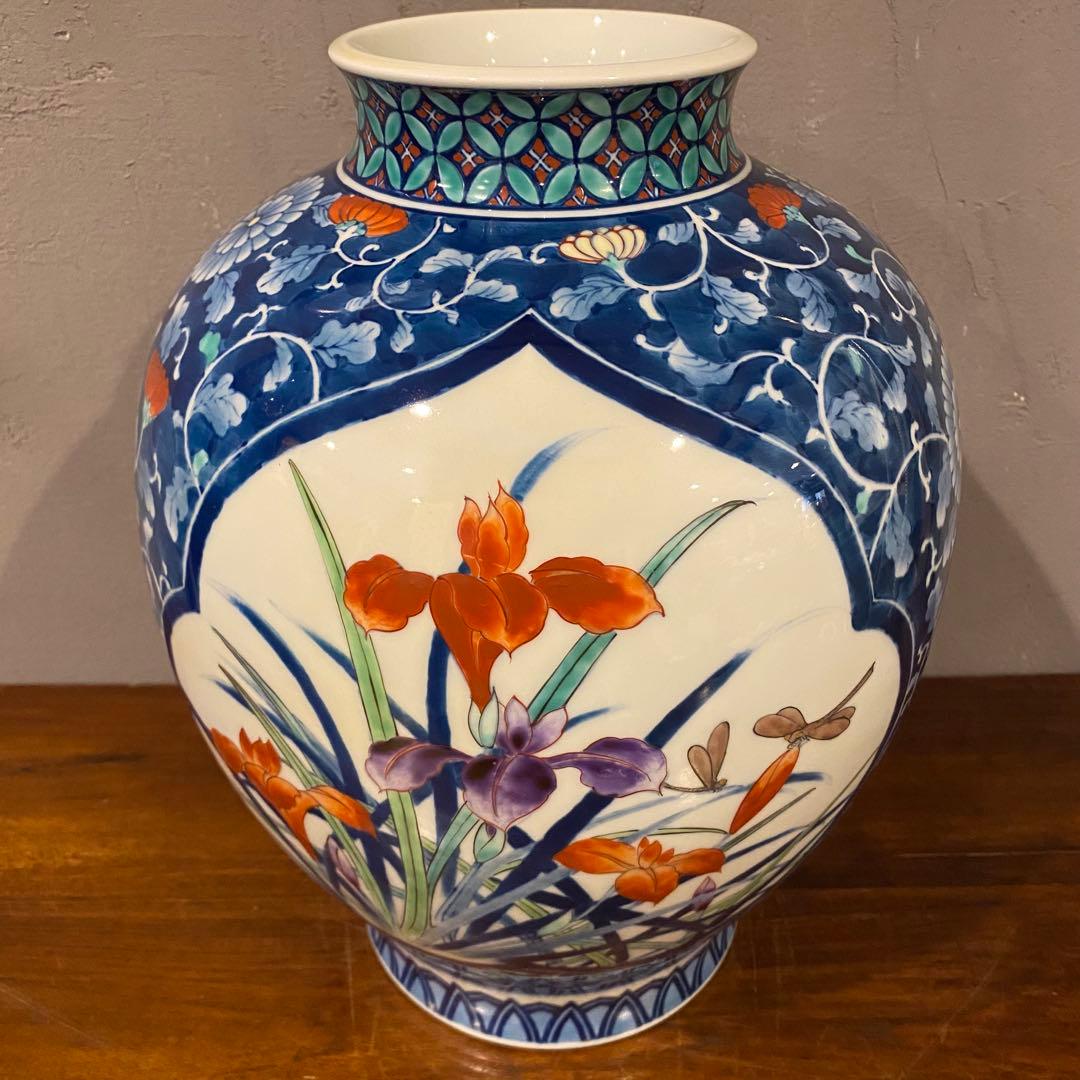 有田焼 池田視行作 二方割 花鳥文 大壺 36cm 骨董品 染錦　コレクション
