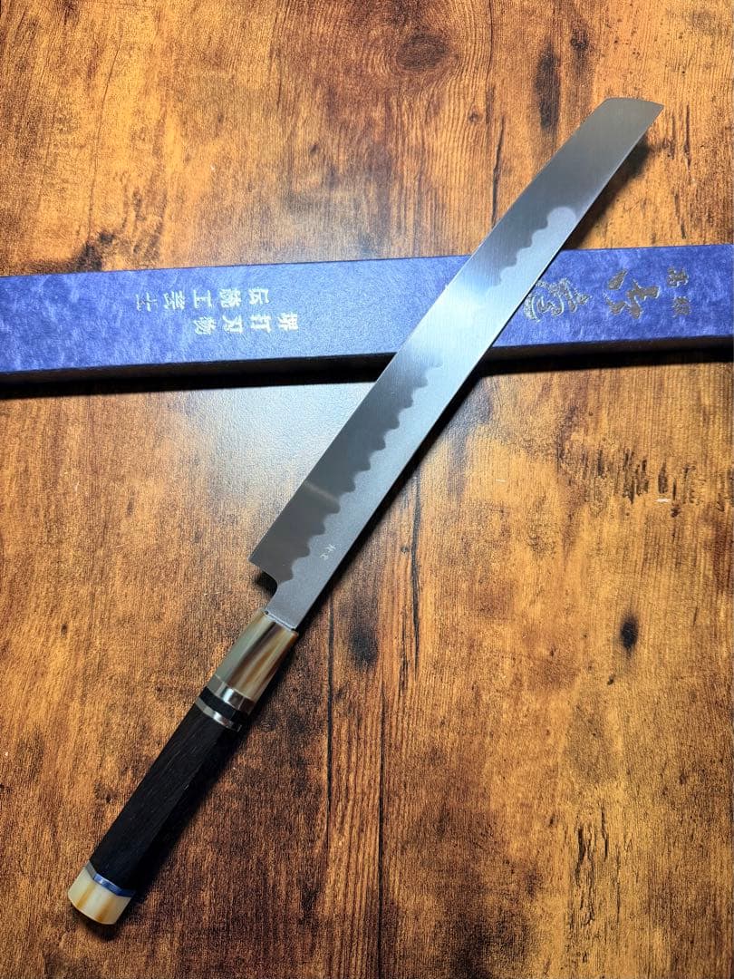 堺打刃物　祥太郎作　反り 先丸 刺身　本焼　白鋼　尺　鏡面　包丁　黒檀水牛八角柄
