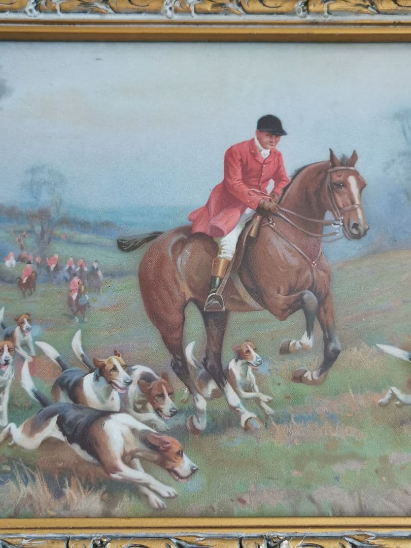 ベルギー アンティーク 狩猟シーンの印刷紙 馬と犬 額装 金彩彫ガラスフレーム