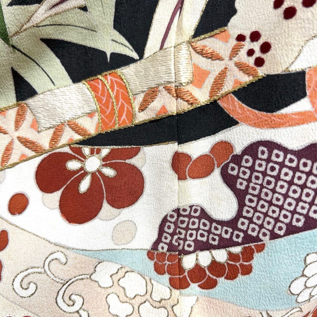 アンティーク　黒留袖　刺繍　束熨斗　巾着　花車　松竹梅　巻物　着物　112b d