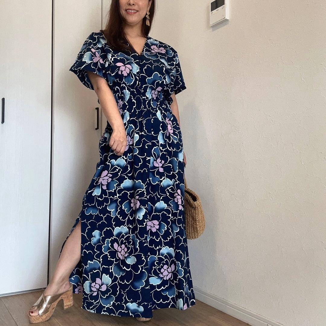 一点物　本染浴衣　ワンピース ハンドメイド　ロング　マキシ　シンプル　紺　綿