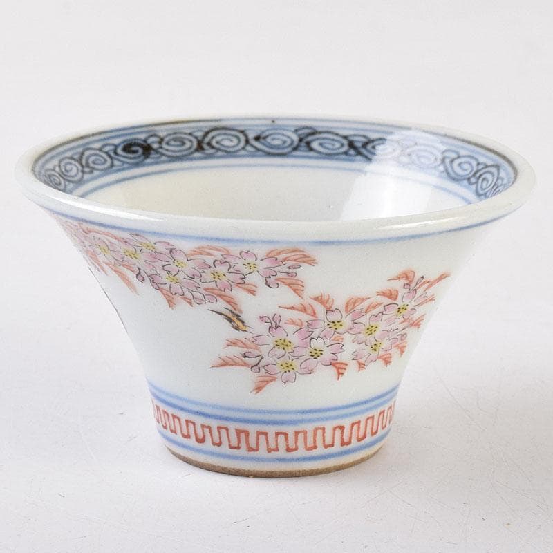 京焼　本多左平作　染付　桜漢詩文　盃　ぐい呑　時代箱　V　R9220