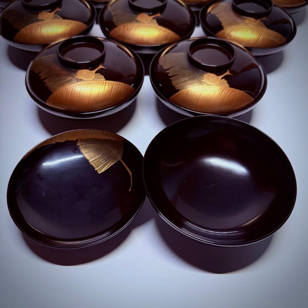 漆器輪島塗　蒔絵金彩細工　沈金木製　蓋付椀　お煮物椀　吸物椀　10 客