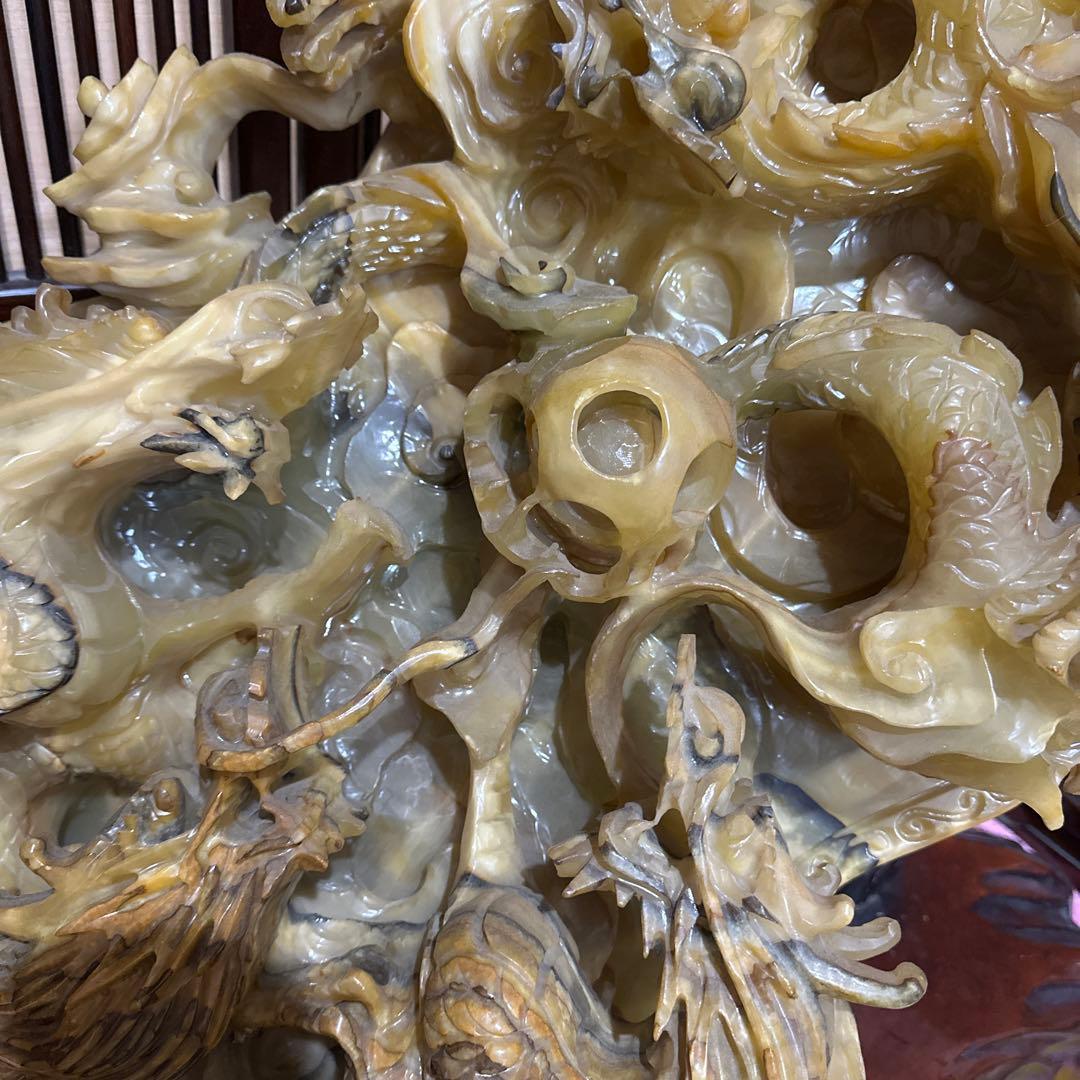 [引き取り限定] 特大　風水　重い　とても立派な龍彫刻　石彫刻　五龍図　木台付き