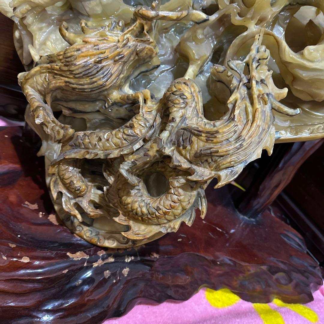 [引き取り限定] 特大　風水　重い　とても立派な龍彫刻　石彫刻　五龍図　木台付き