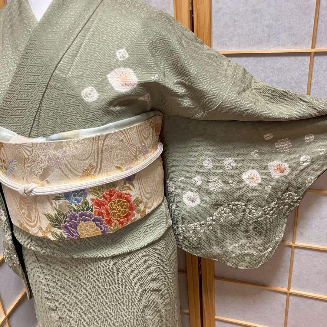 カメ様［6774］訪問着 舞花文様 金彩 絞り 幅広サイズ 正絹 着物 袷