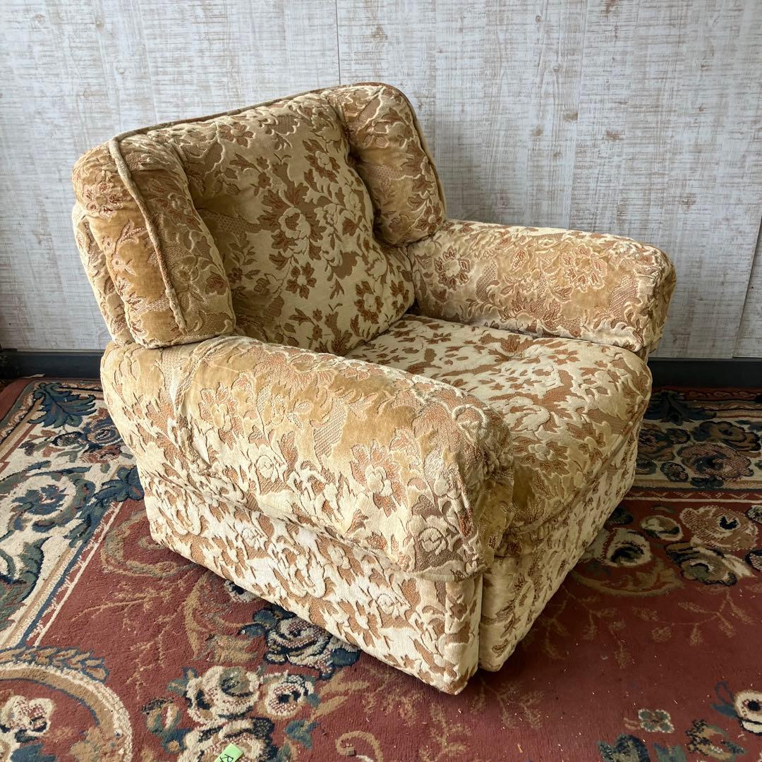 ① 昭和レトロ マルニ木工 花柄ベロアソファー 一人掛けソファー アームチェア