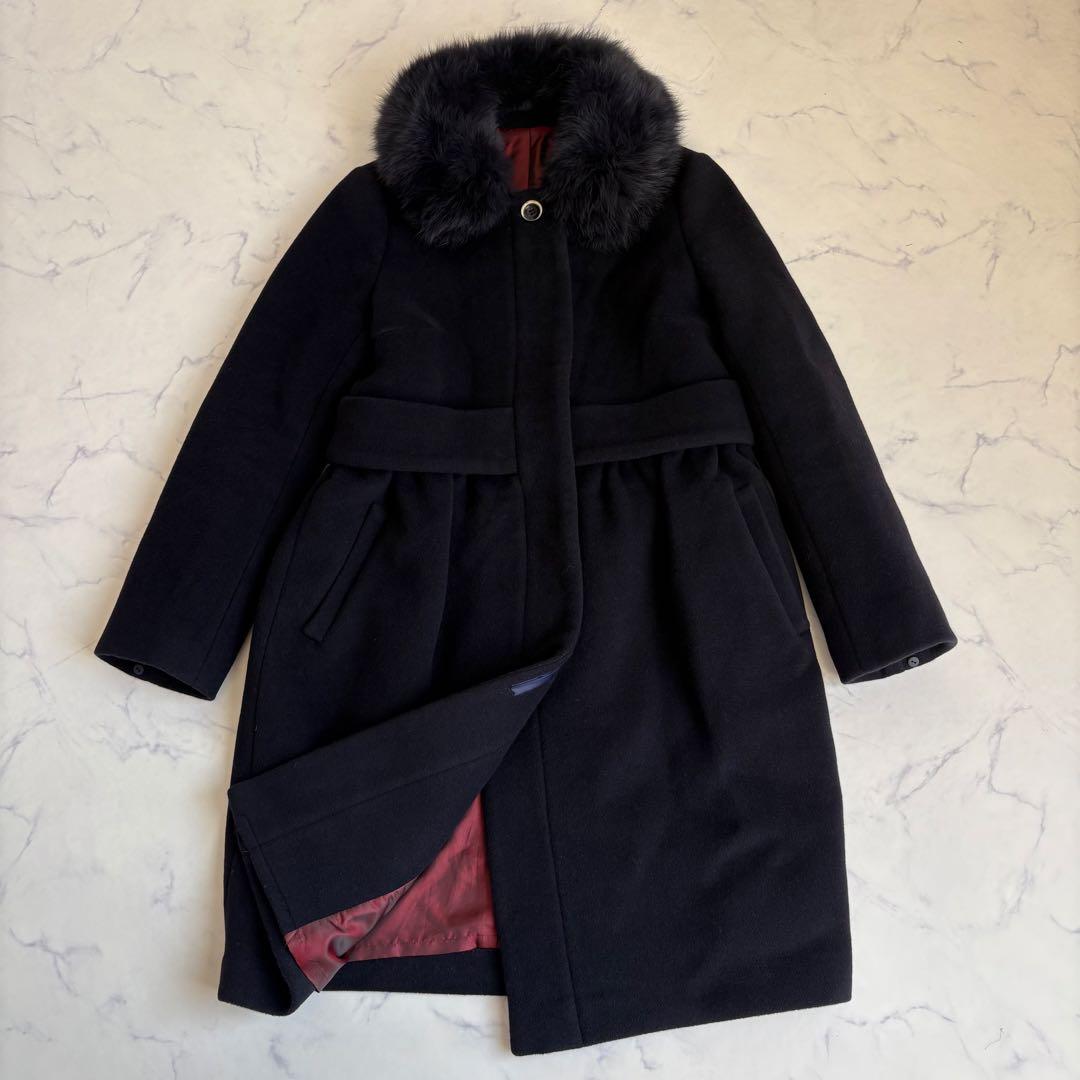 Sov. ソブ ブルーフォックスファー付 アンゴラロングコート 38 紺