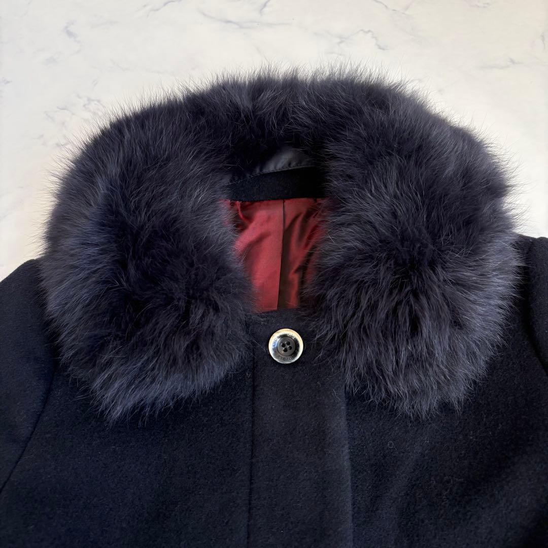 Sov. ソブ ブルーフォックスファー付 アンゴラロングコート 38 紺