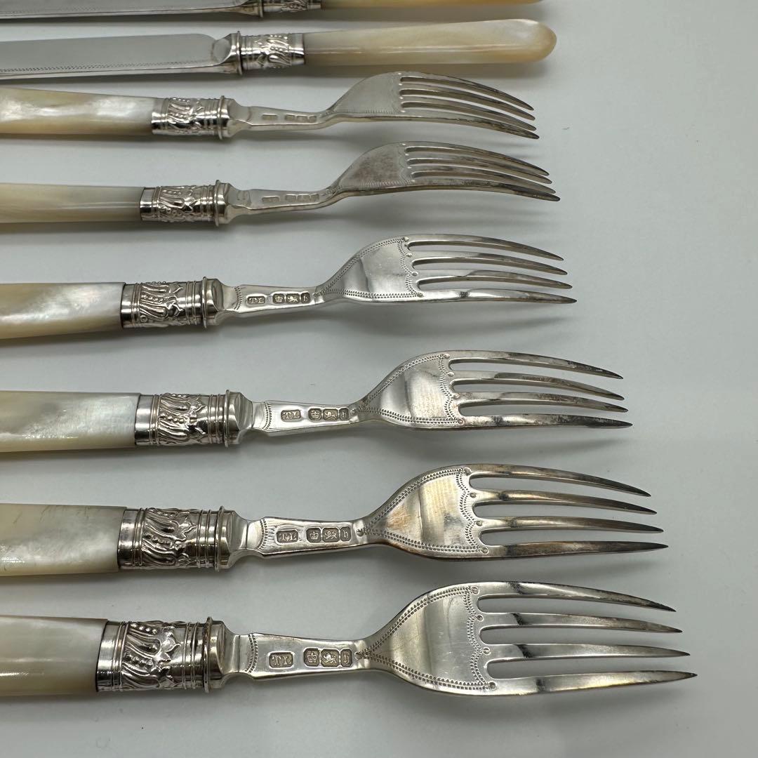 ⭐︎純銀継手 英国製 白蝶貝 マザーオブパールデザートナイフ&フォーク12本 木箱