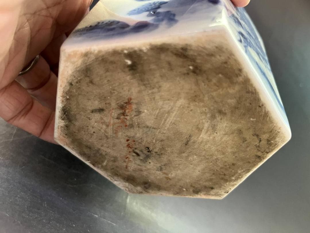 火入■染付六角火入れ 鷹 山水鳥紋 松 幾何学模様（江戸期）木彫り蓋付き 時代物