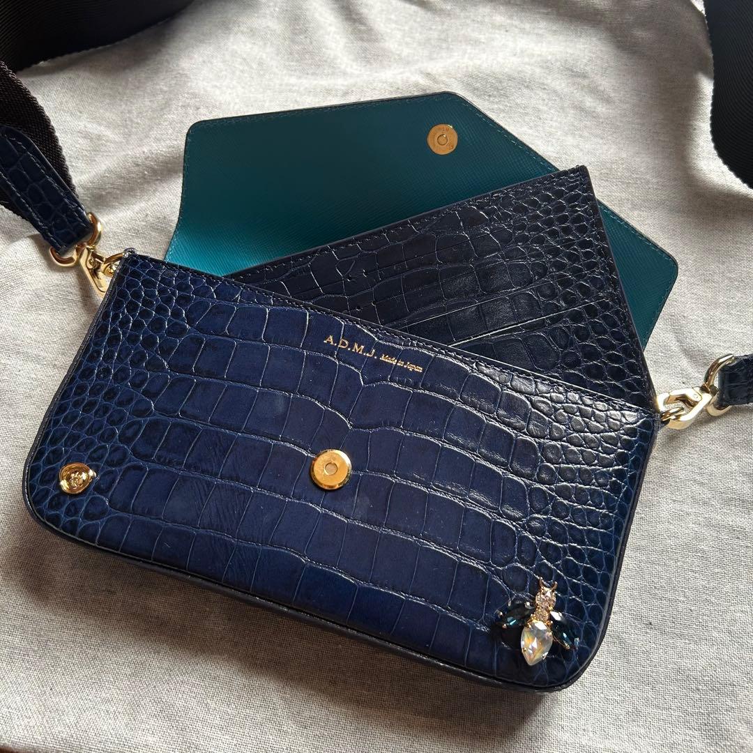 ADMJ 美品 BEE ミツバチ クロコ ショルダーバッグ ネイビー 長財布