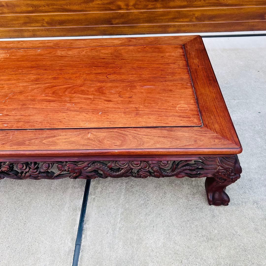 高級唐木　獅子龍彫刻付き　漆仕上げ　長座卓　150センチ幅　テーブル　一枚板