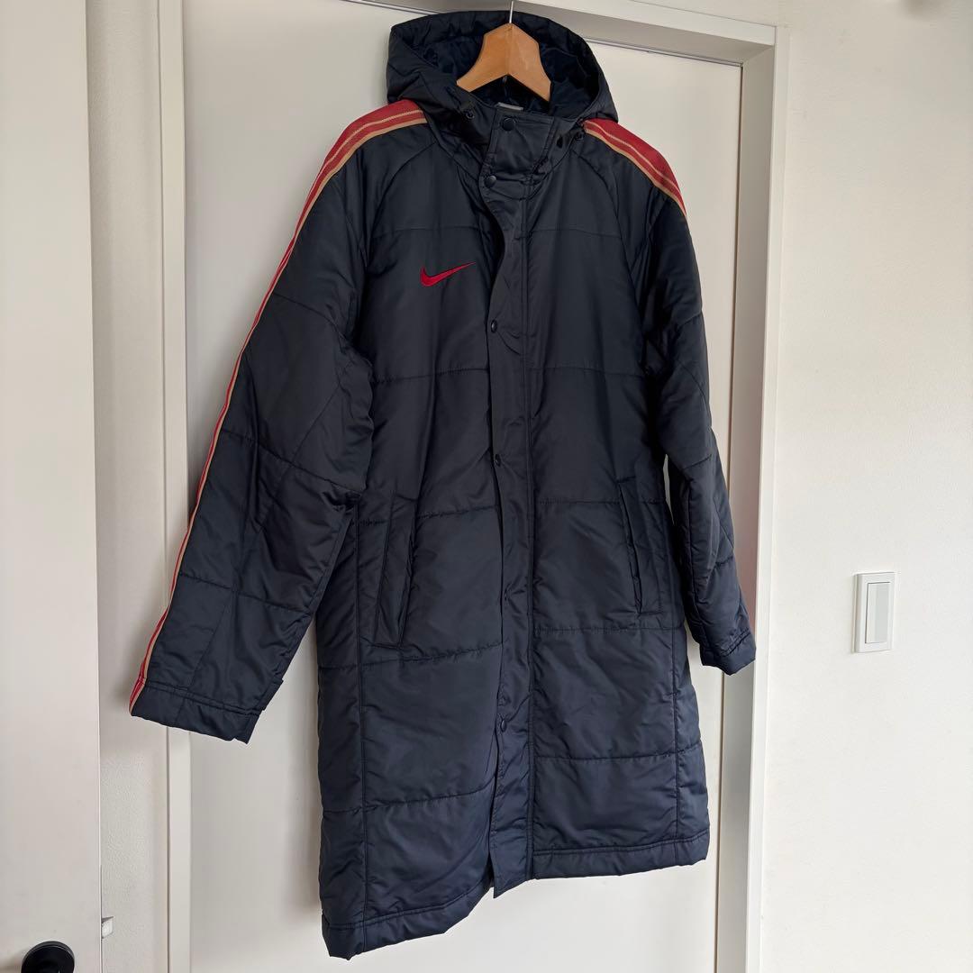【美品】NIKE ナイキ ベンチコート Lサイズ グレー×レッド フード付き