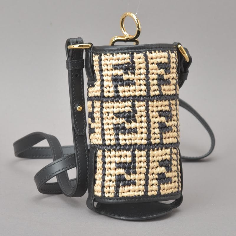 未使用◇FENDI フェンディ ズッカ ボトルホルダー ラフィア ストロー 黒