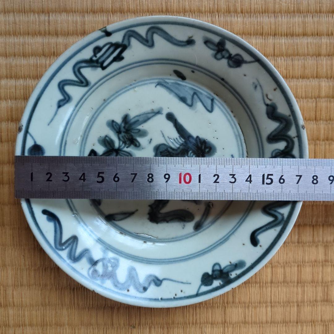 青い絵付けの陶器製平皿　呉須手　皿　骨董品