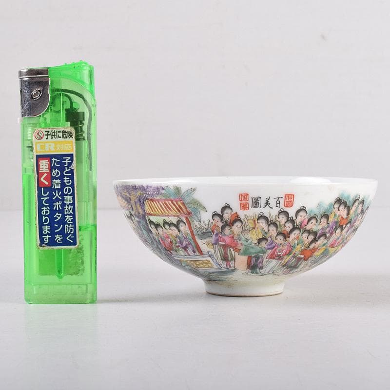 中国　大清光緒年製　粉彩　百美図　茶碗　一對　唐木台付　M　R8899