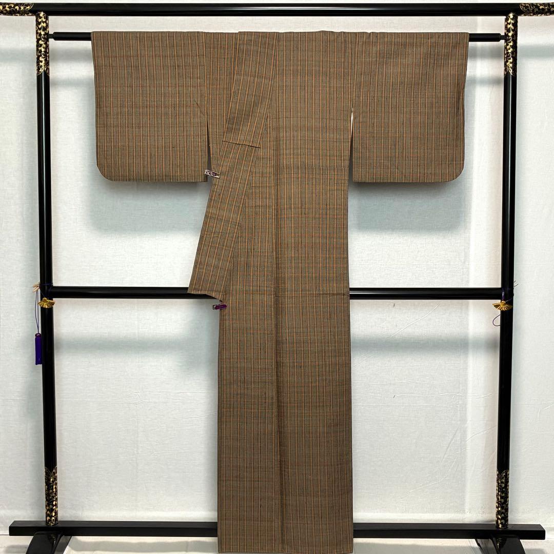 D151 郡上紬　格子柄　チェック　正絹　着物　袷　美品