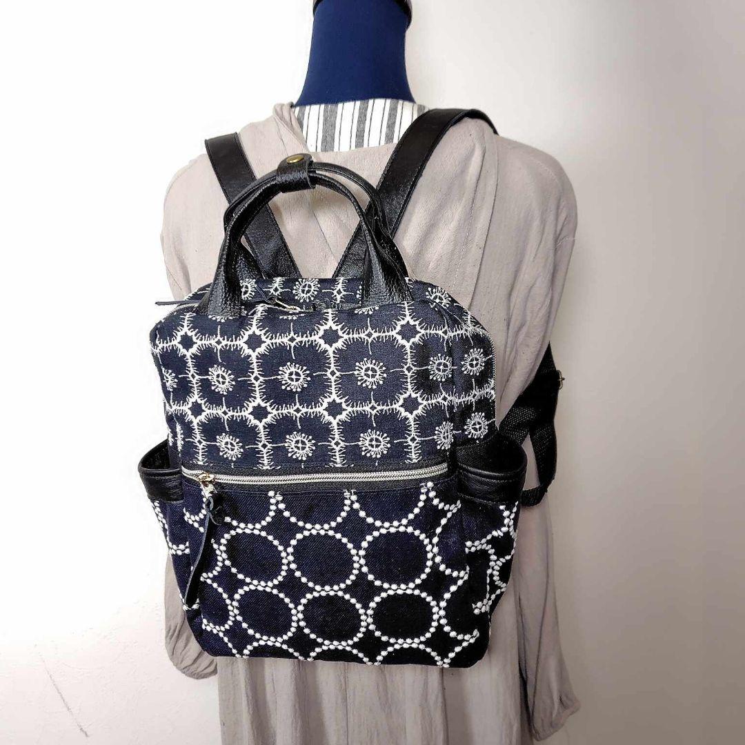 【専用】/タンバリンネイビー×アネモネ/ボストン型トートリュック本革黒