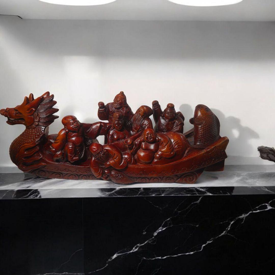 木製 龍と神々の彫刻 装飾品 七福神 木彫り 熊 アイヌ