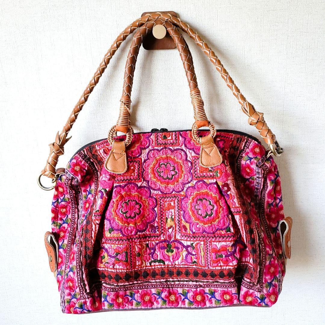 ★ 一点物 未使用 ★ アジア 少数民族 刺繍 古布 ショルダーバッグ ピンク