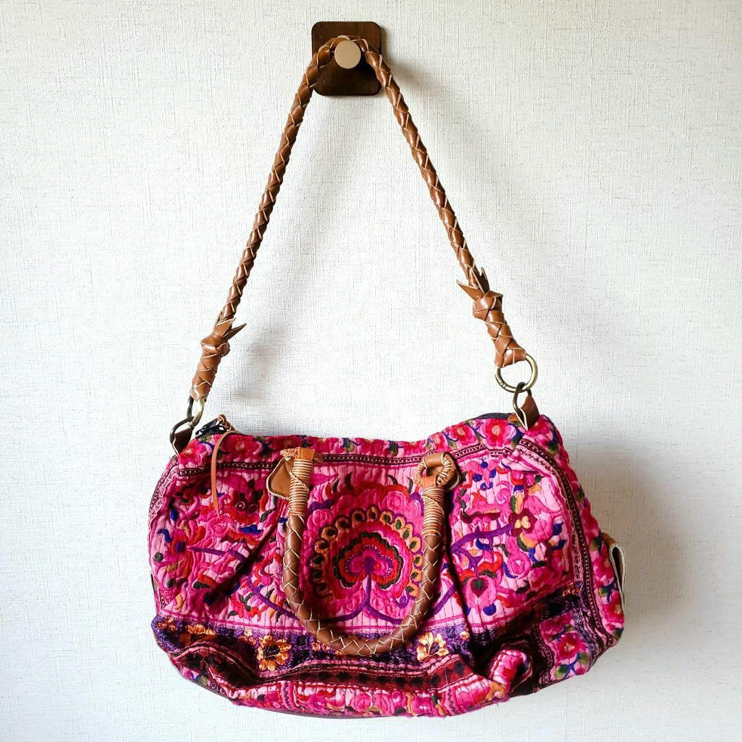 ★ 一点物 未使用 ★ アジア 少数民族 刺繍 古布 ショルダーバッグ ピンク