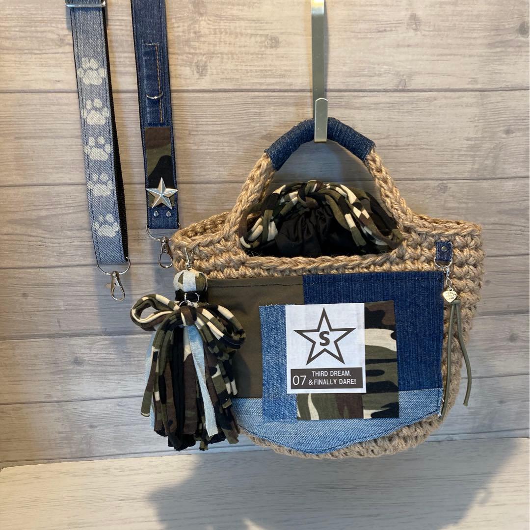 桔梗様 ハンドメイドバッグ デニムリメイクバッグ リメイクデニム カゴバッグ