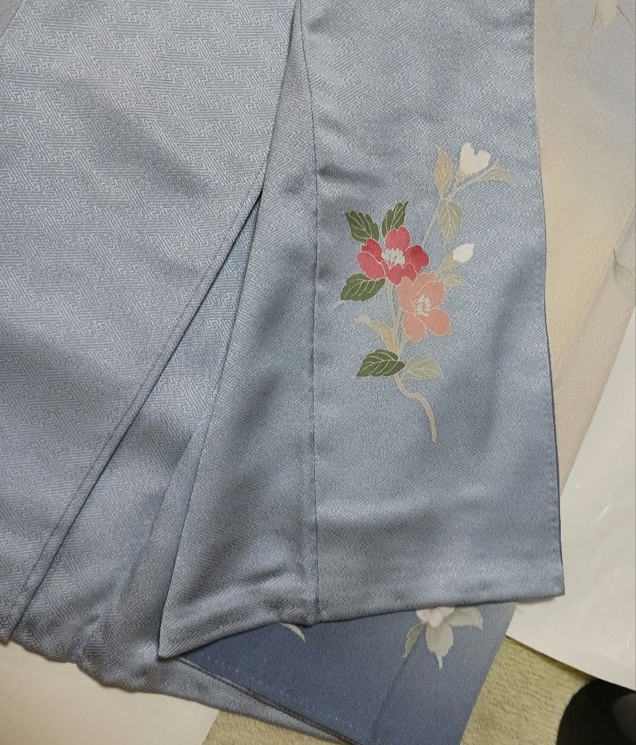 淡い水色 訪問着 正絹 ちりめん　花柄 上品 着物 身丈153cm　長襦袢付