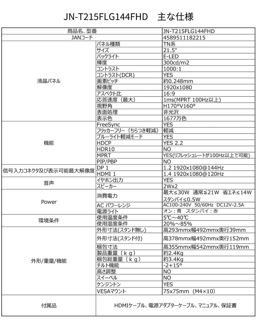 訳あり　JN-T215FLG144FHD 21.5インチ FHD 144Hz