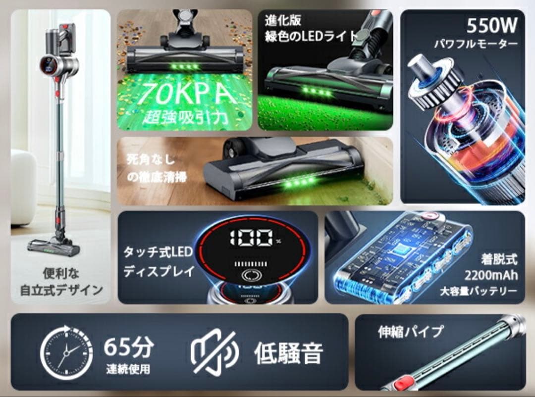 ✨コードレス掃除機 70Kpa超強力 65分連続稼働 サイクロン式 550W