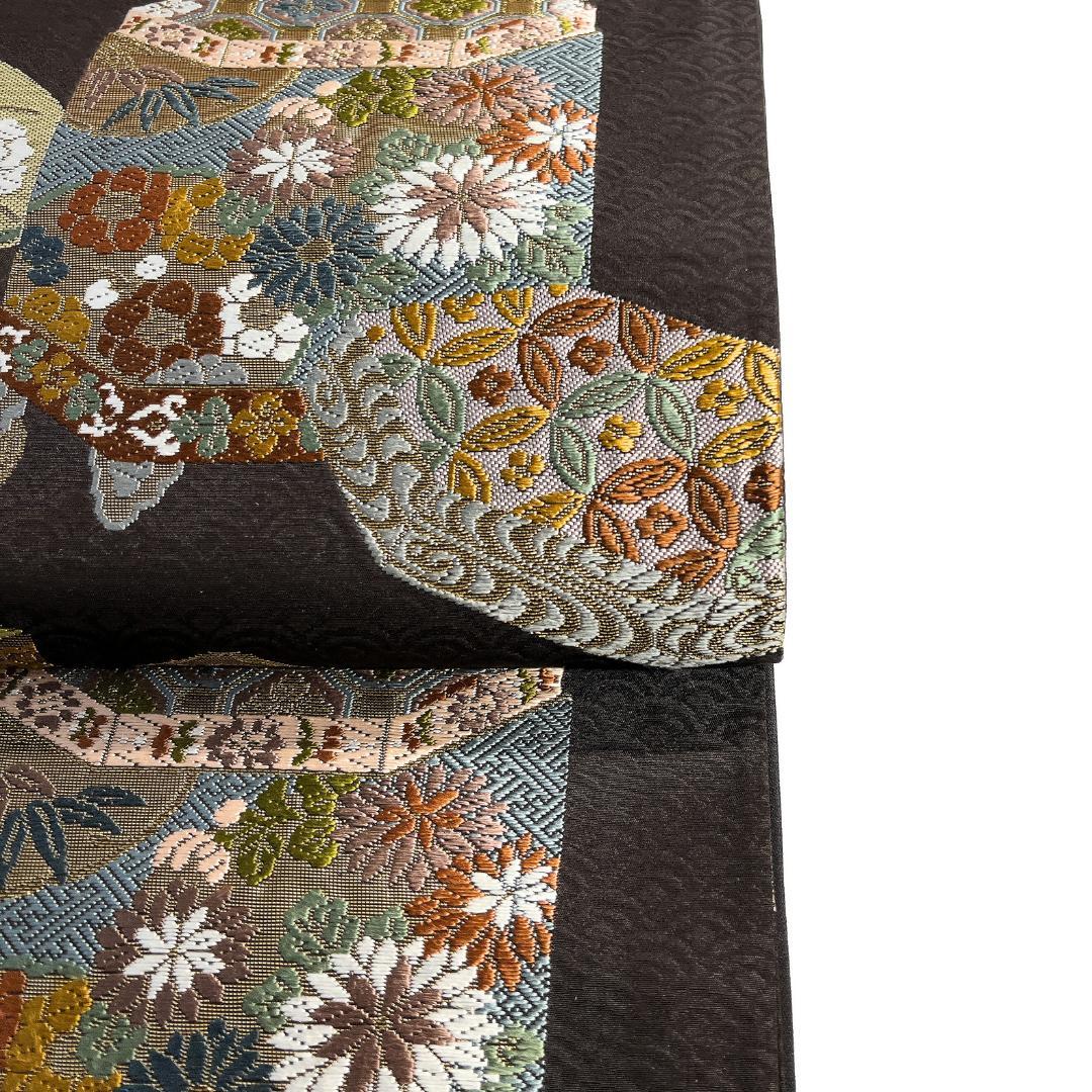 袋帯　貝桶　扇　花紋　花束　桐の花　七宝　貝合わせ　着物　123b d ms