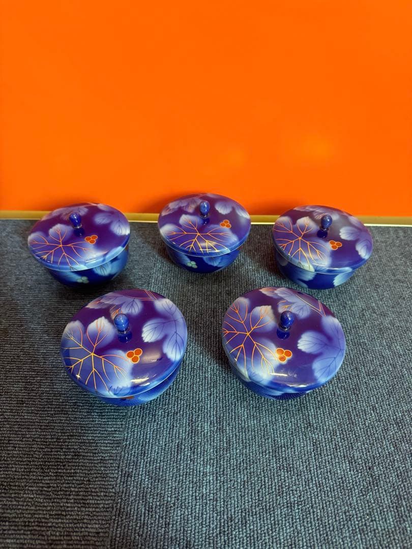 2031 深川製磁　葡萄瑠璃　湯呑蓋付　5客　金彩　未使用