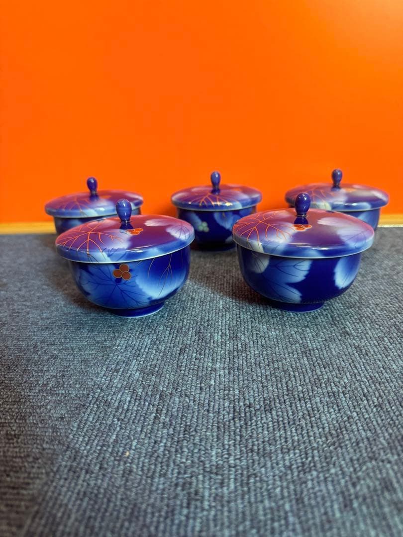 2031 深川製磁　葡萄瑠璃　湯呑蓋付　5客　金彩　未使用